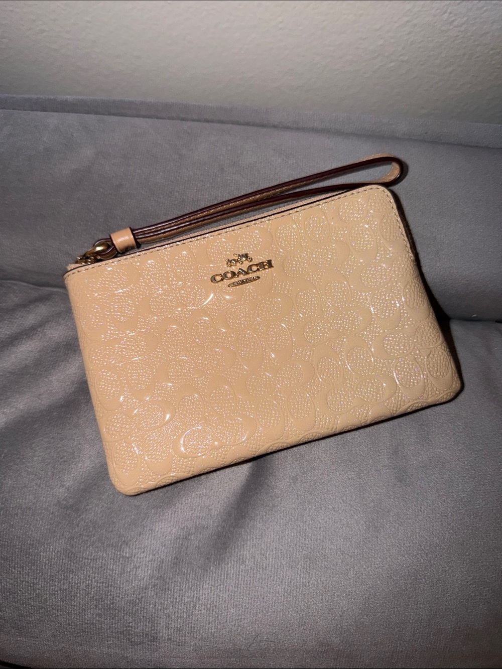 Coach Beige Patent Leather Wristlet with Signature Emboss